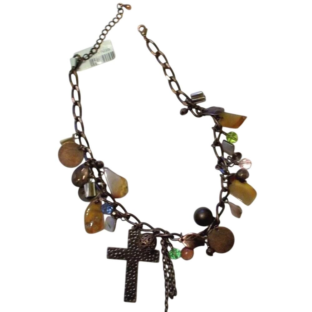 Cache Necklace Metal Chain Cross Disc Stones Beads Adjustable Match Top $68 NWT